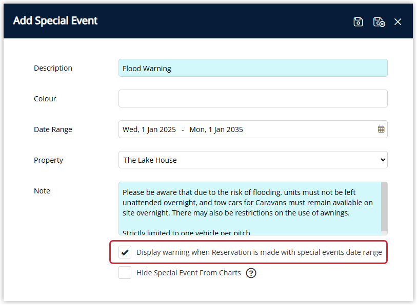Annotated screenshot of the Add Special Event screen in RMS showing the Description set to Flood Warning, the Date Range, Property, and Note fields, with the Display warning when Reservation is made option highlighted