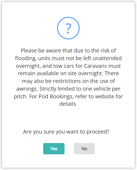 Screenshot of the special event warning dialog in RMS displaying the flood warning note with Yes and No buttons when making a reservation within the event date range