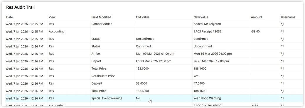 Screenshot of the Reservation Audit Trail in RMS showing the Special Event Warning change logged from No to Yes with the Flood Warning event