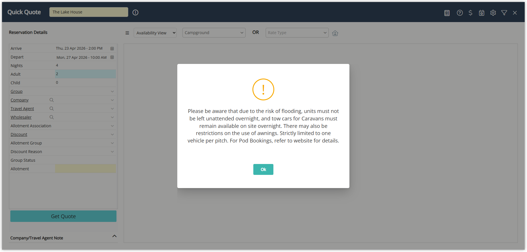 Screenshot of the Quick Quote screen in RMS displaying the special event flood warning popup with an Ok button