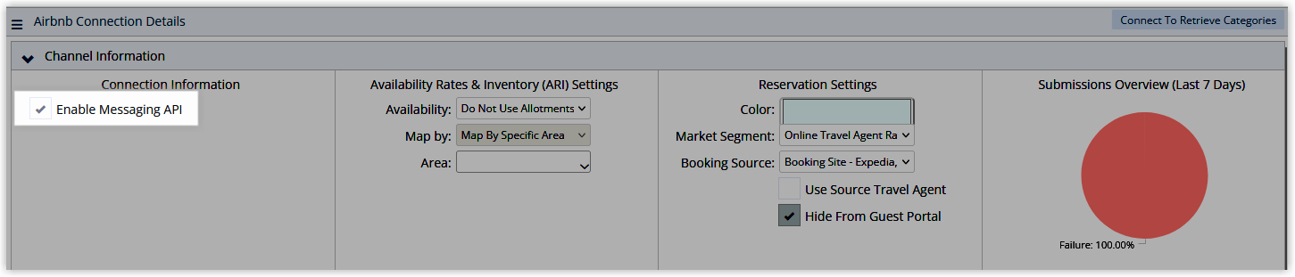 Airbnb Channel Connection setup screen in RMS with a ‘Messaging API’ or Guest Messaging option enabled, allowing Airbnb guest messages to be handled via the RMS Message Centre instead of logging into Airbnb.