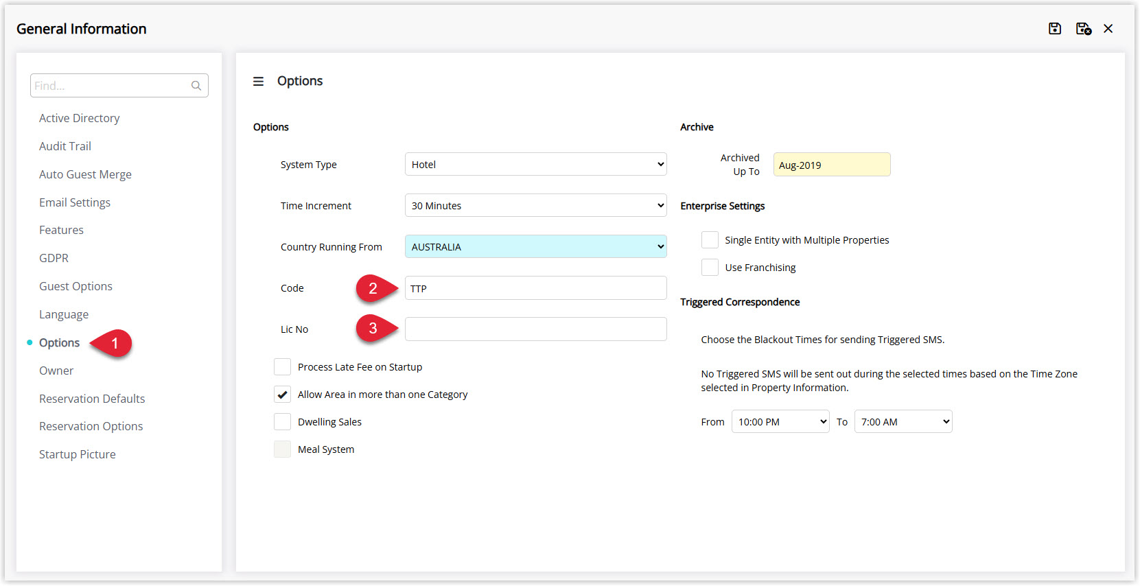 Annotated screenshot of the General Information Options screen in RMS showing the Code and Lic No fields