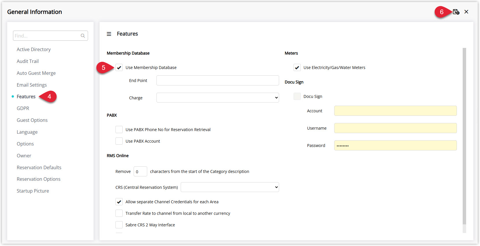 Annotated screenshot of the General Information Features screen in RMS showing the Use Membership Database option enabled