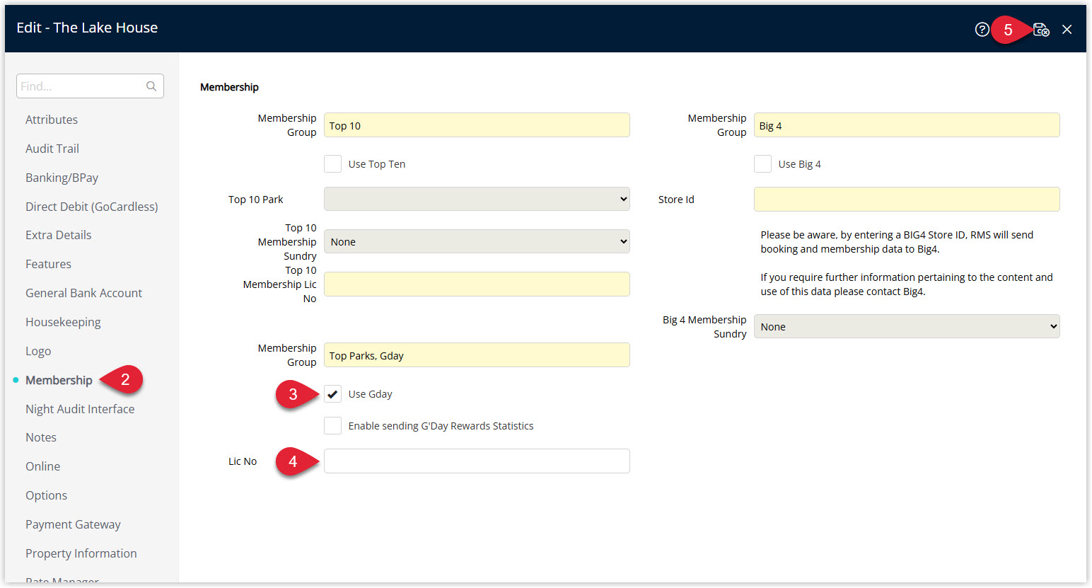 Annotated screenshot of the Property Information Membership tab in RMS showing the Use Gday option enabled with the Membership Group and Lic No fields