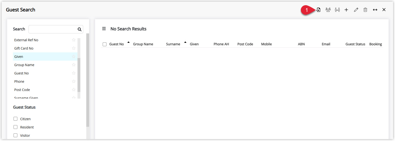 Annotated screenshot of the Guest Search screen in RMS highlighting the Import Guest icon