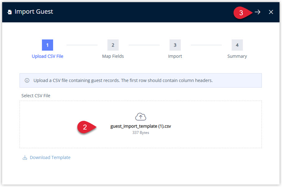Annotated screenshot of the Import Guest wizard in RMS on the Upload CSV File step highlighting the selected CSV file and the Next arrow