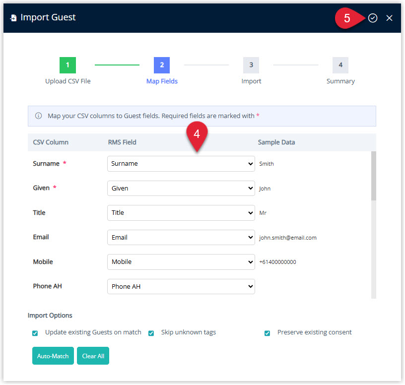 Annotated screenshot of the Import Guest wizard in RMS on the Map Fields step highlighting the CSV column to RMS field mapping and the confirm icon