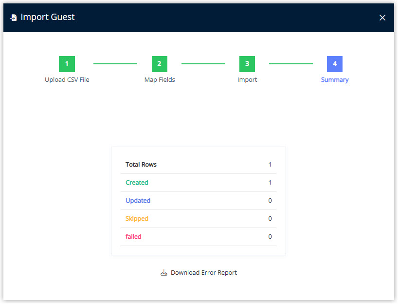 Screenshot of the Import Guest wizard in RMS on the Summary step showing the import result counts and the Download Error Report option