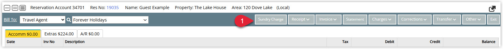 Annotated screenshot of the Reservation Account screen in RMS with the Sundry Charge button highlighted