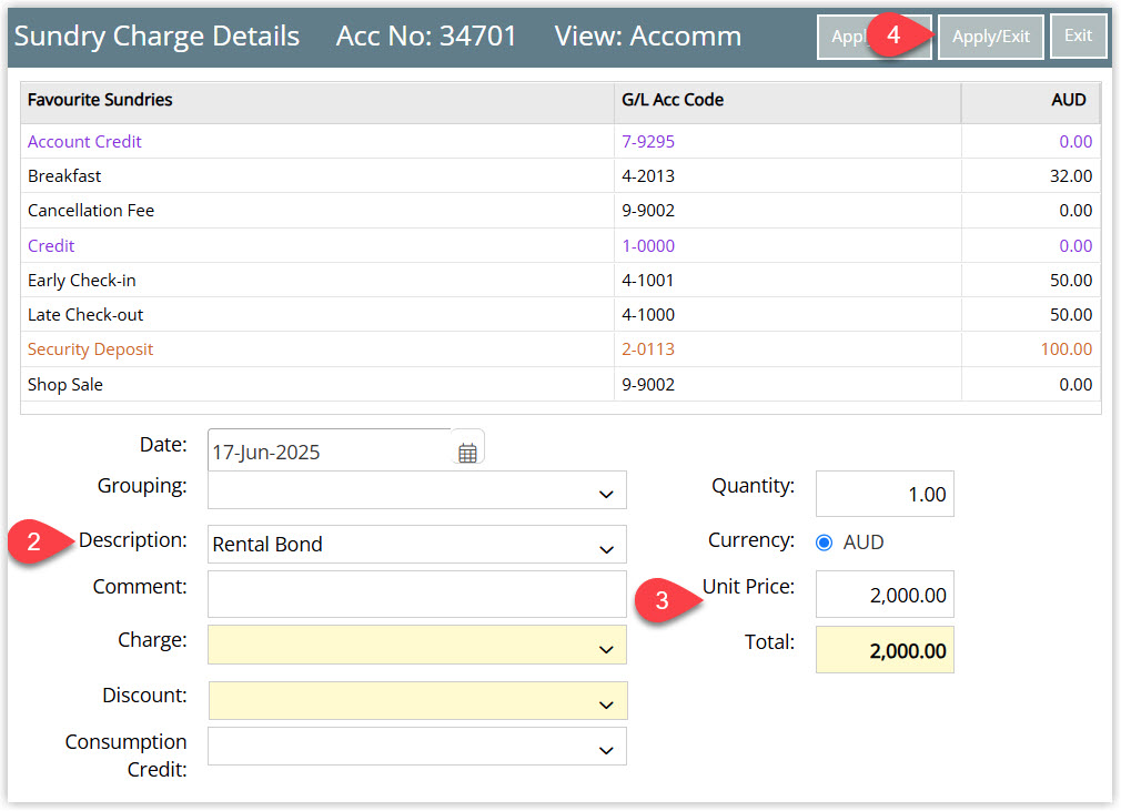 Annotated screenshot of the Sundry Charge Details screen in RMS showing the Rental Bond charge with its unit price and the Apply/Exit button highlighted