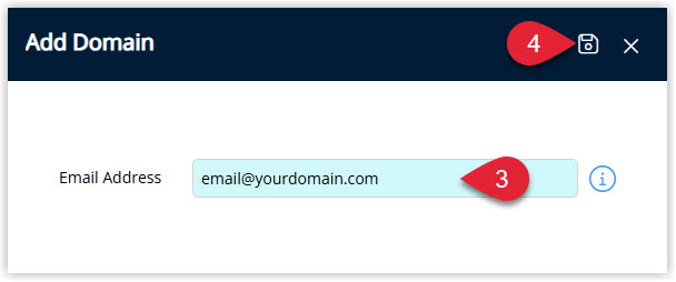 Annotated screenshot of the Add Domain dialog in RMS showing the Email Address field with the save button highlighted
