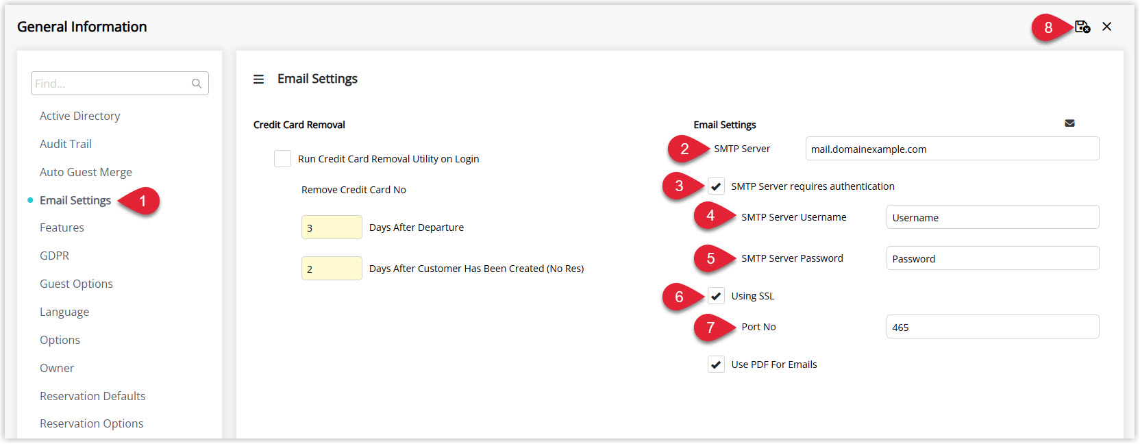 Annotated screenshot of the General Information Email Settings screen in RMS showing the SMTP Server, authentication, SSL, and Port No fields configured