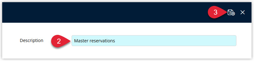 Annotated screenshot of the Form Letter Category window in RMS highlighting the Description field and the save icon