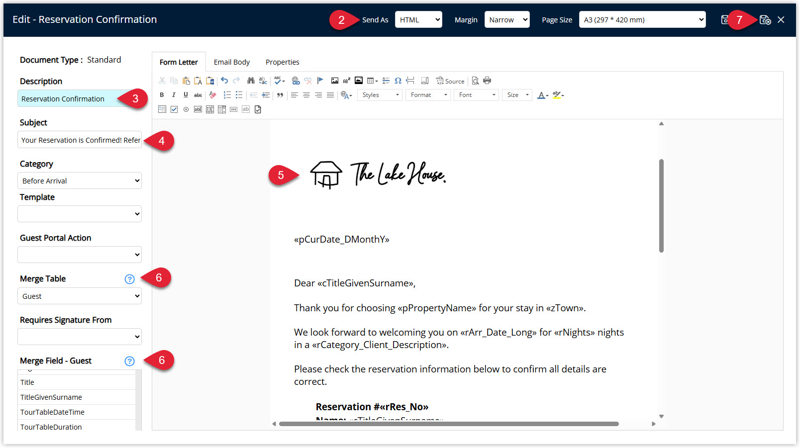 Annotated screenshot of the form letter editor in RMS highlighting the Send As, Description, Subject, Merge Table and Merge Field options and the save icon
