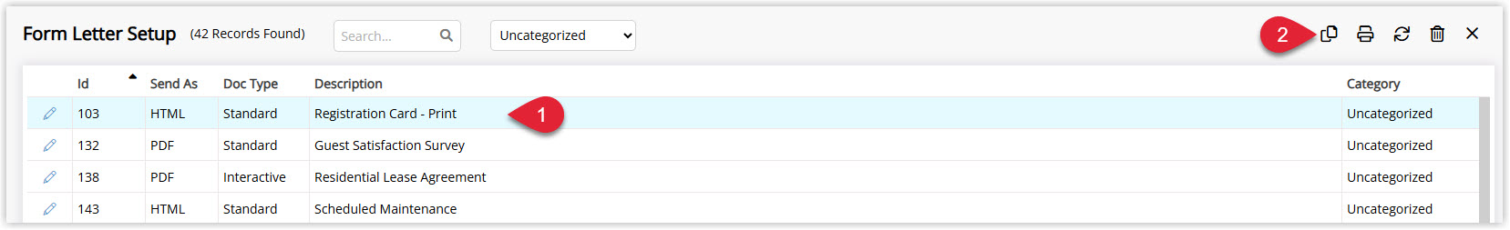 Annotated screenshot of the Form Letter Setup screen in RMS highlighting a selected form letter and the copy icon