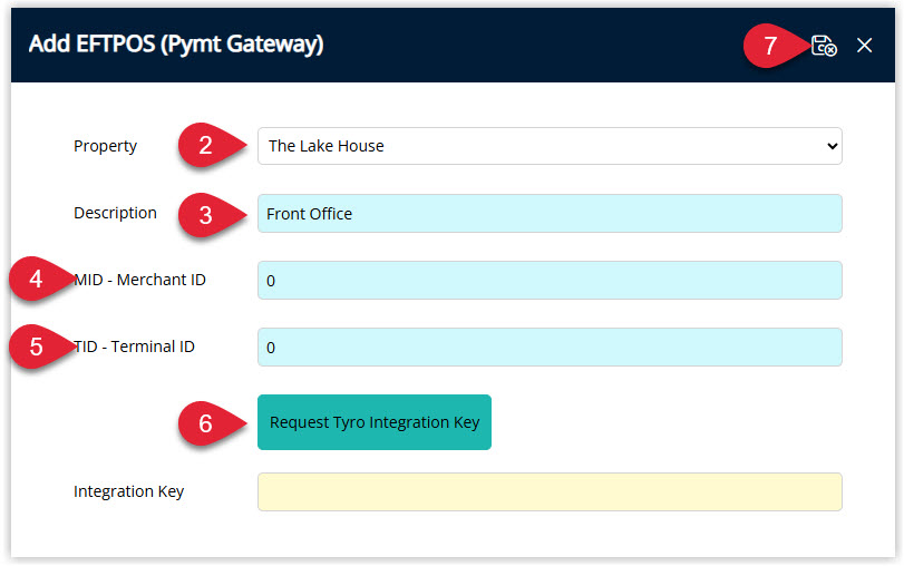Annotated screenshot of the Add EFTPOS Payment Gateway screen in RMS showing the Property, Description, MID, and TID fields with the Request Tyro Integration Key button