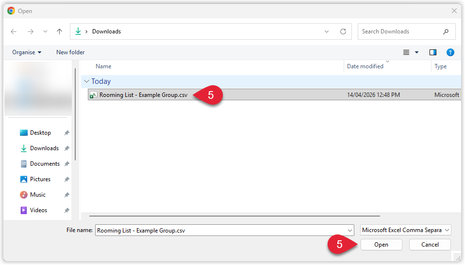 Screenshot of the Windows file picker selecting a rooming list CSV file to import