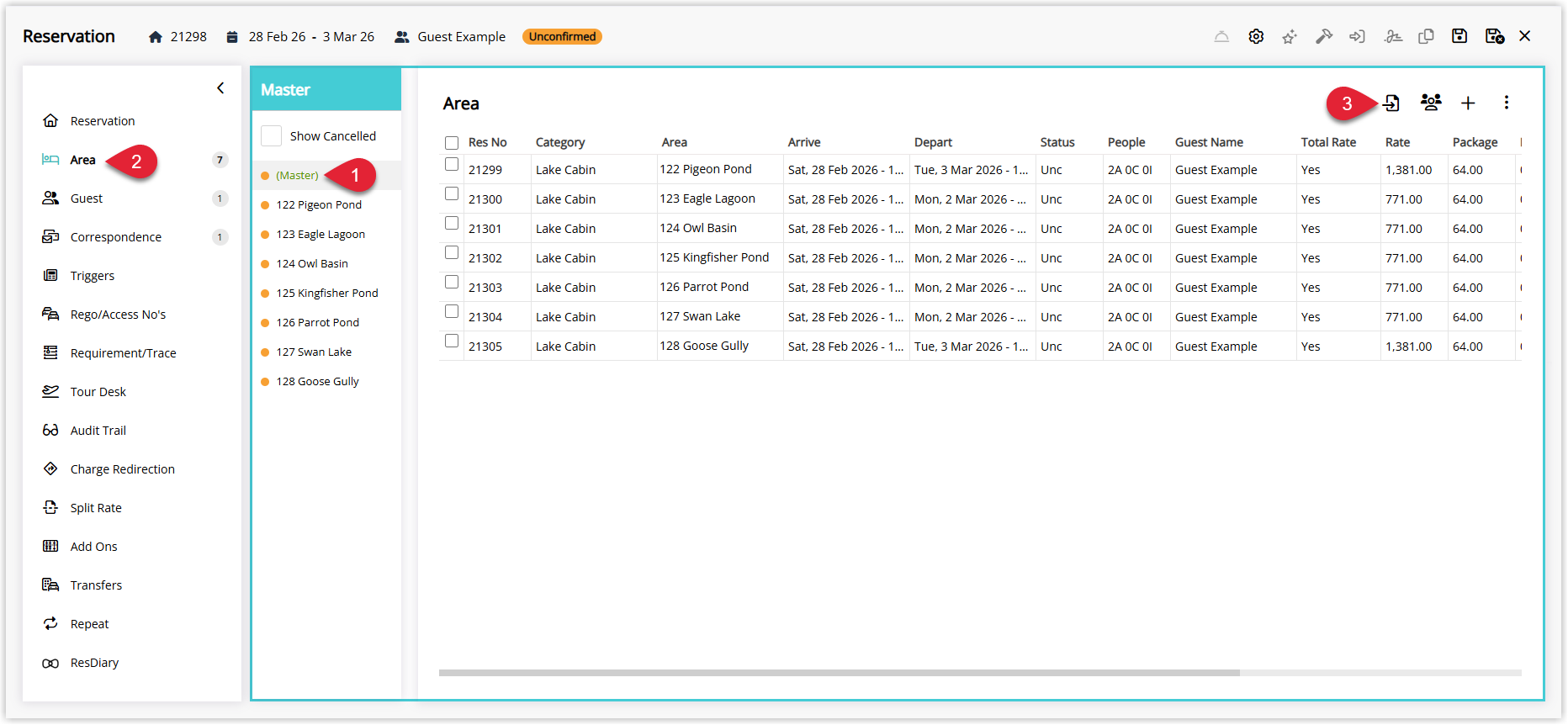 Annotated screenshot of the Master Reservation Area screen in RMS showing the list of sub-reservations with the import option highlighted