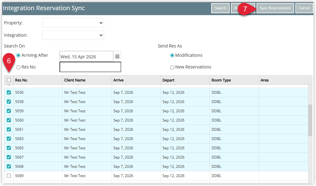 Annotated screenshot of the Integration Reservation Sync screen in RMS showing a list of reservations selected for syncing with the Sync Reservations button highlighted