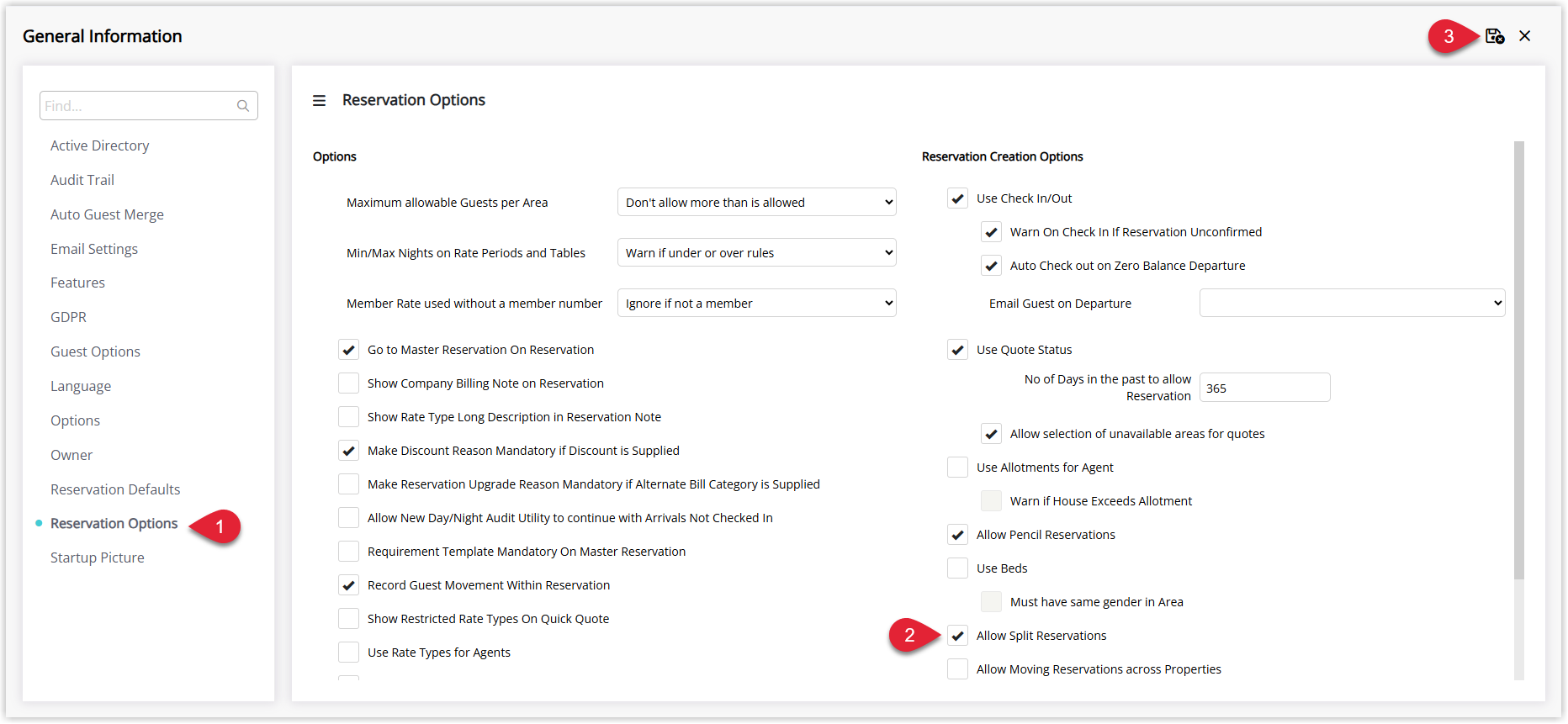 Annotated screenshot of the Reservation Options setup screen in RMS with the Reservation Options menu, the Allow Split Reservations checkbox and the Save icon highlighted