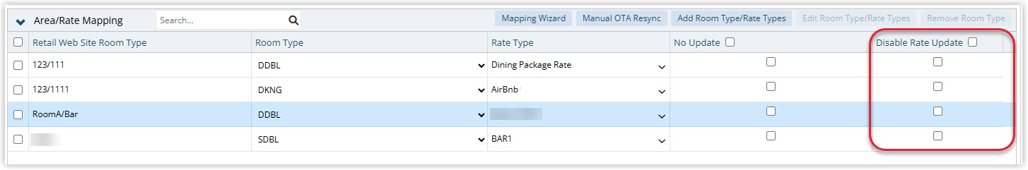 Annotated screenshot of the Area/Rate Mapping screen in RMS with the Disable Rate Update column highlighted