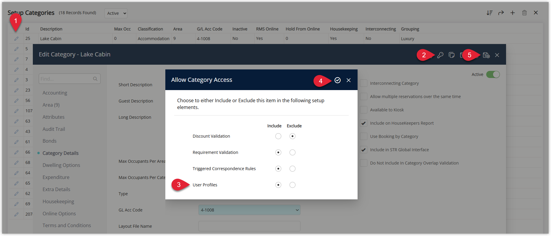 Annotated screenshot of the Setup Categories screen in RMS showing the Allow Category Access dialog with Include and Exclude options for Discount Validation, Requirement Validation, Triggered Correspondence Rules, and User Profiles
