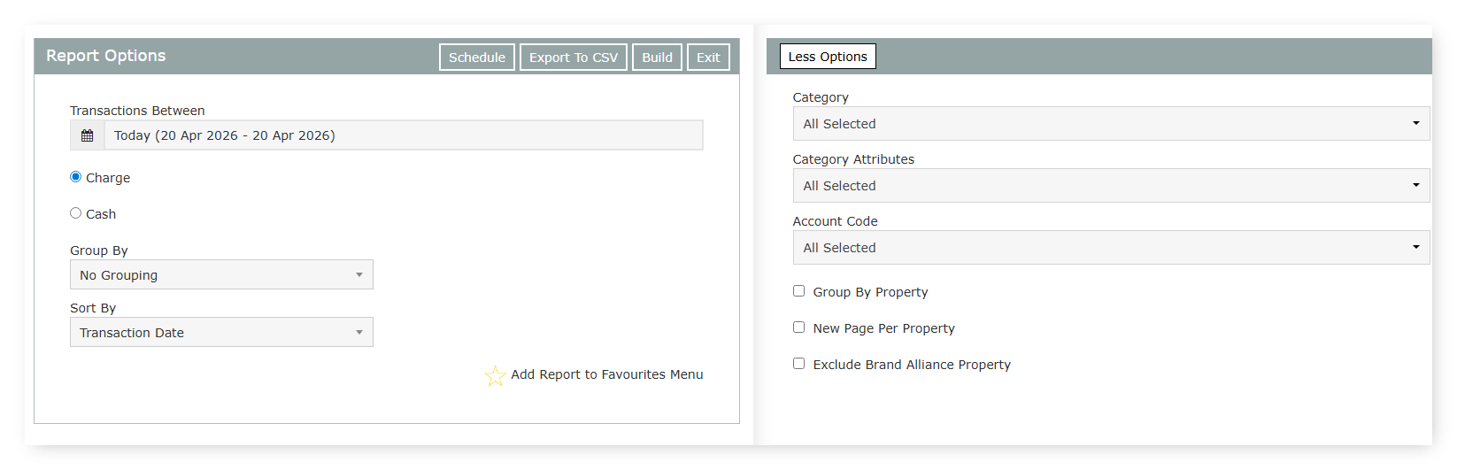 Screenshot of the Tax Audit Report criteria screen with More Options expanded showing Category, Category Attributes, Account Code, and the Group By Property, New Page Per Property, and Exclude Brand Alliance Property checkboxes.