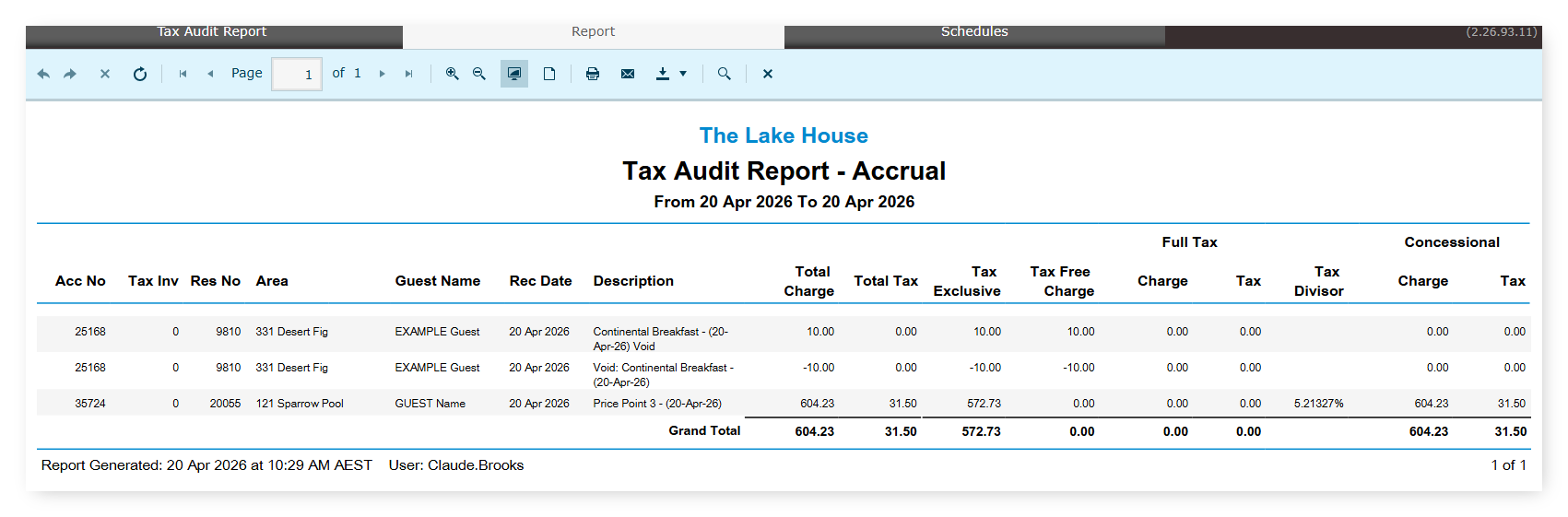 Screenshot of the Tax Audit Report - Accrual output in RMS showing columns Acc No, Tax Inv, Res No, Area, Guest Name, Rec Date, Description, Total Charge, Total Tax, Tax Exclusive, Tax Free Charge, Full Tax (Charge, Tax, Tax Divisor), and Concessional (Charge, Tax).