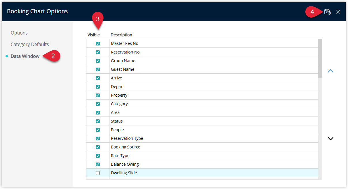 Annotated screenshot of the Booking Chart Options Data Window tab in RMS showing the list of data fields with their Visible checkboxes