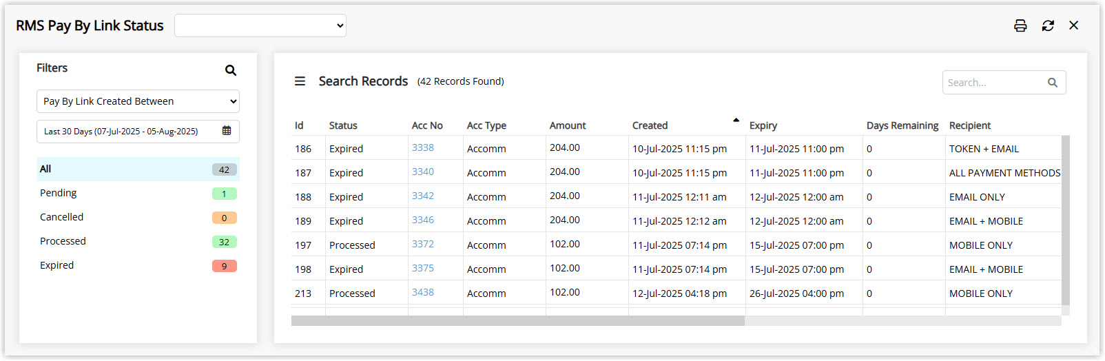 Screenshot of the RMS Pay By Link Status screen in RMS showing the filter panel with status counts and the search results with link details