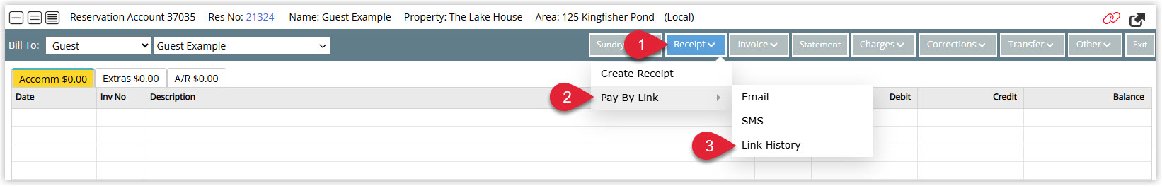 Annotated screenshot of the reservation account in RMS highlighting the Receipt menu, the Pay By Link option and the Link History submenu item