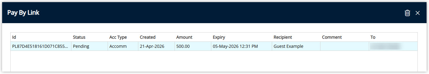 Screenshot of the Pay By Link history window in RMS showing a pending link with its status, amount, expiry and recipient details