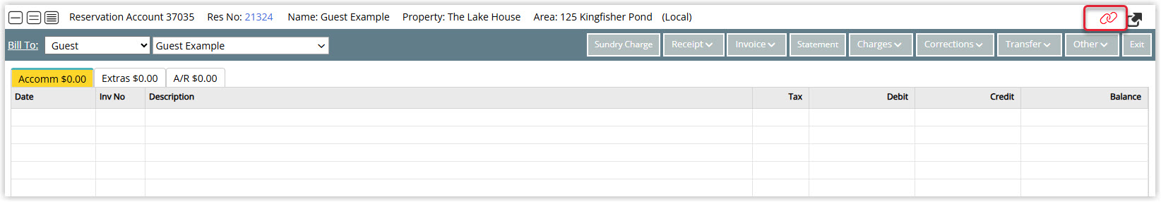 Annotated screenshot of the reservation account in RMS highlighting the Pay By Link active link icon in the toolbar