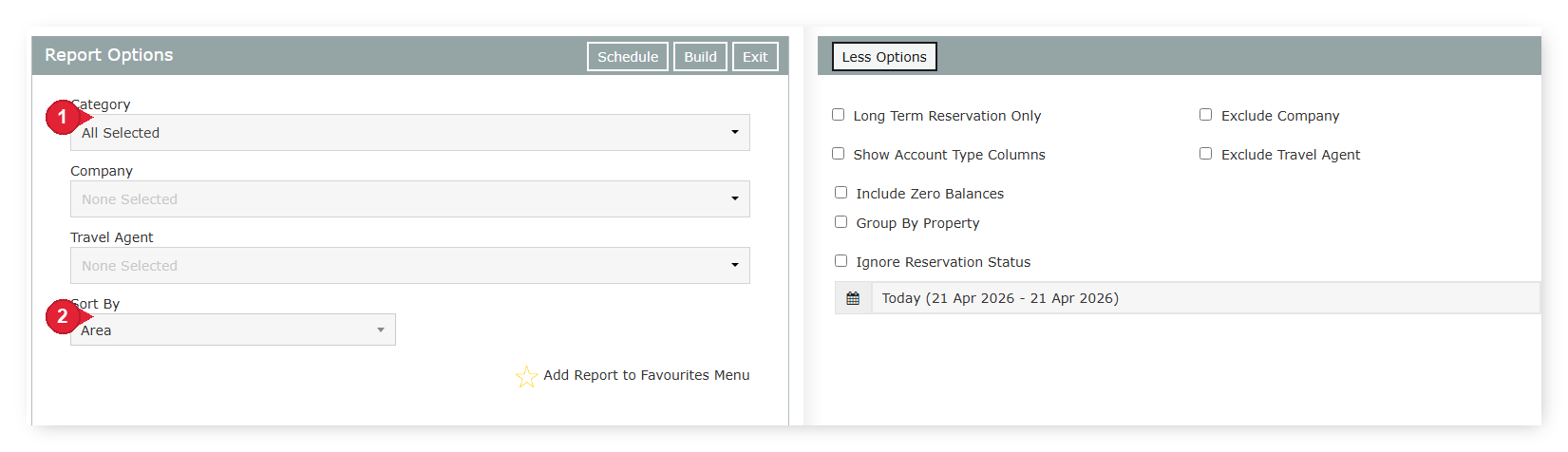 Screenshot of the In House Guest Balance Report Options panel in RMS showing Category, Company, Travel Agent, Sort By fields and additional More Options filters