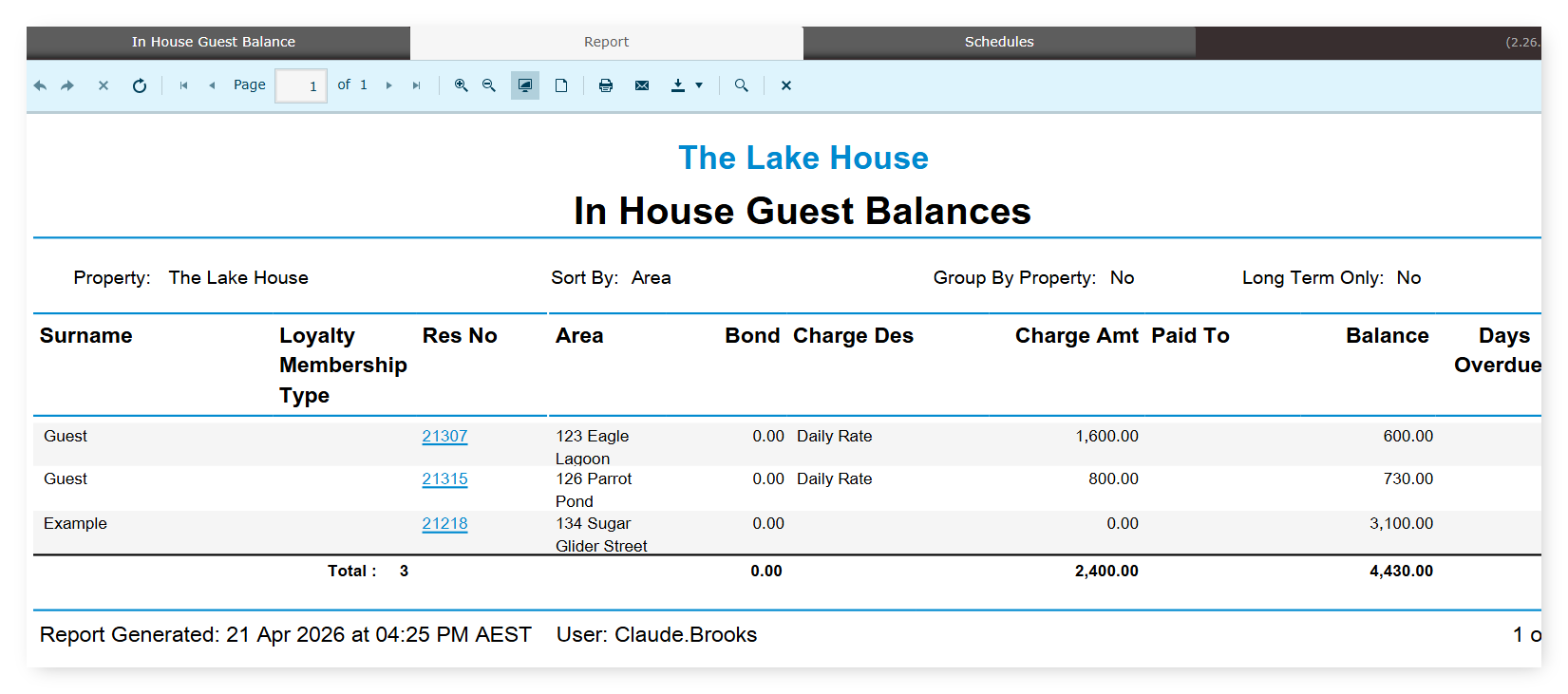 Screenshot of the built In House Guest Balances report in RMS showing columns Surname, Loyalty Membership Type, Res No, Area, Bond, Charge Des, Charge Amt, Paid To, Balance, and Days Overdues