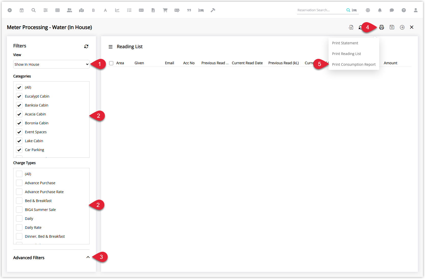 Annotated screenshot of the Meter Processing screen for water meters in RMS highlighting the View filter, Categories and Charge Types filters, Advanced Filters toggle, Print icon, and Print Consumption Report option