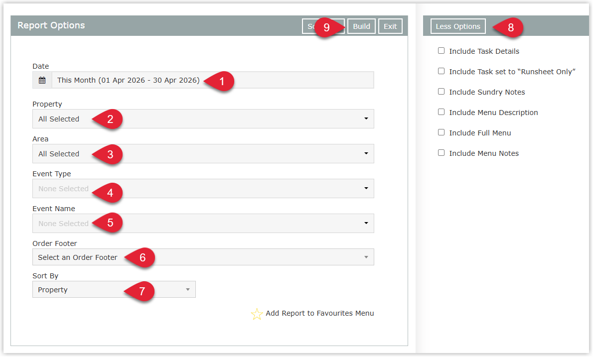 Annotated screenshot of the Event Orders Report options in RMS with More Options expanded showing the date, property, area, event, and sort fields