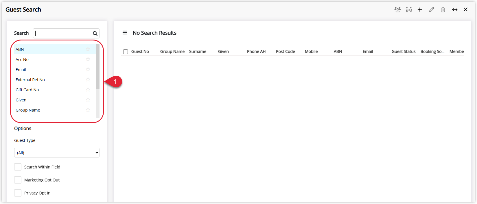 Annotated screenshot of the Guest Search screen in RMS with the search field options highlighted