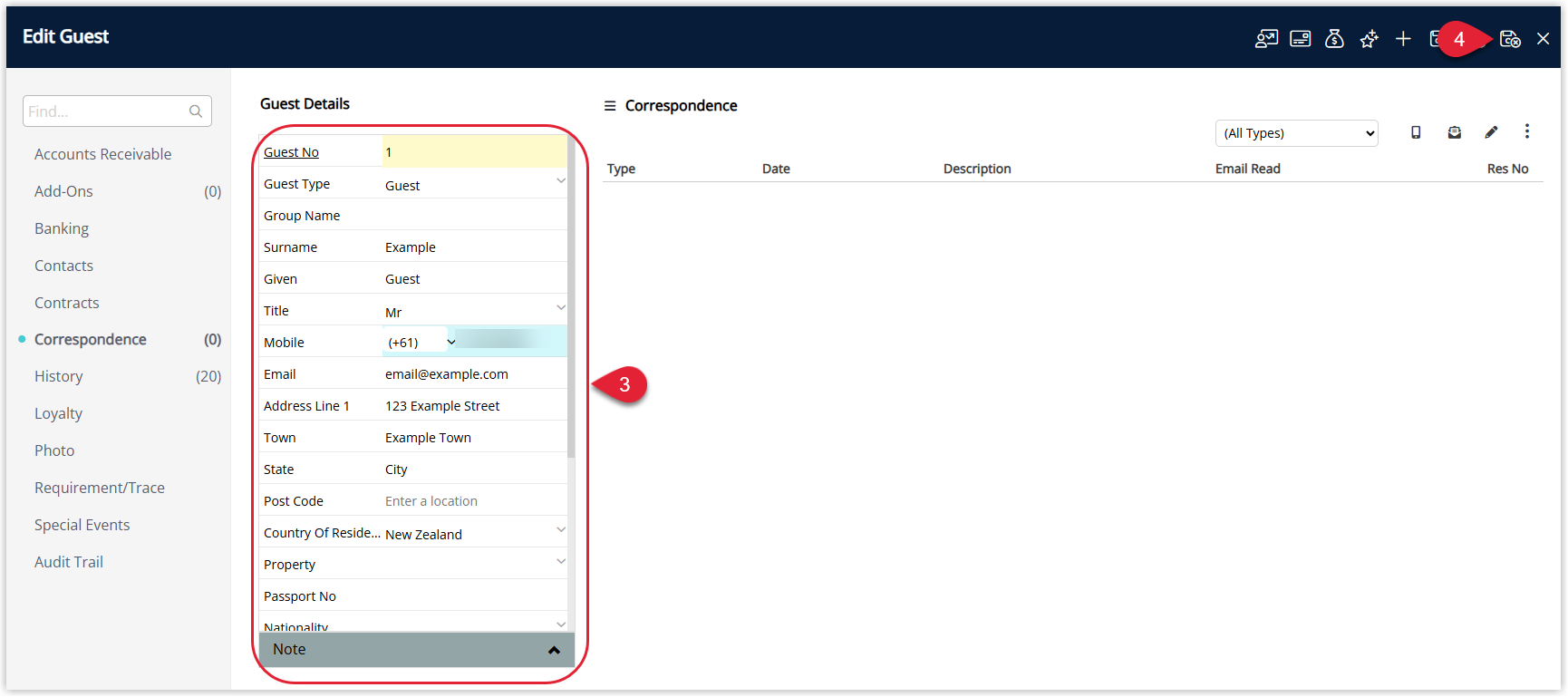 Annotated screenshot of the Edit Guest screen in RMS with the guest contact detail fields and the Save and Exit icon highlighted