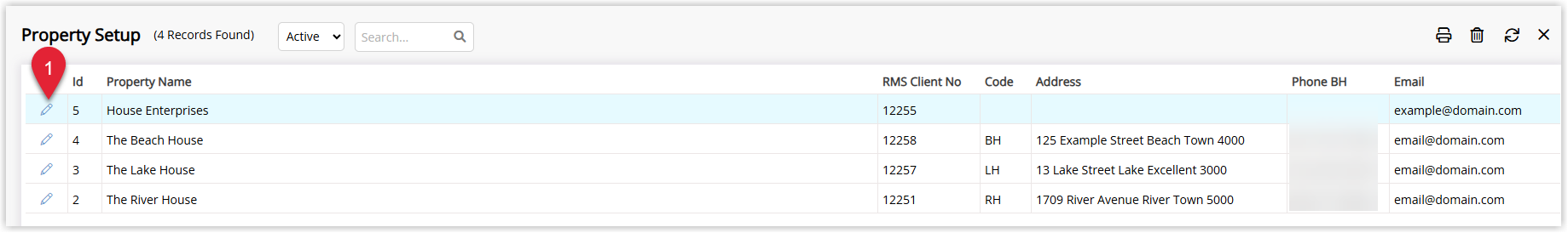 Annotated screenshot of the Property Setup list in RMS with the Edit icon for a property highlighted