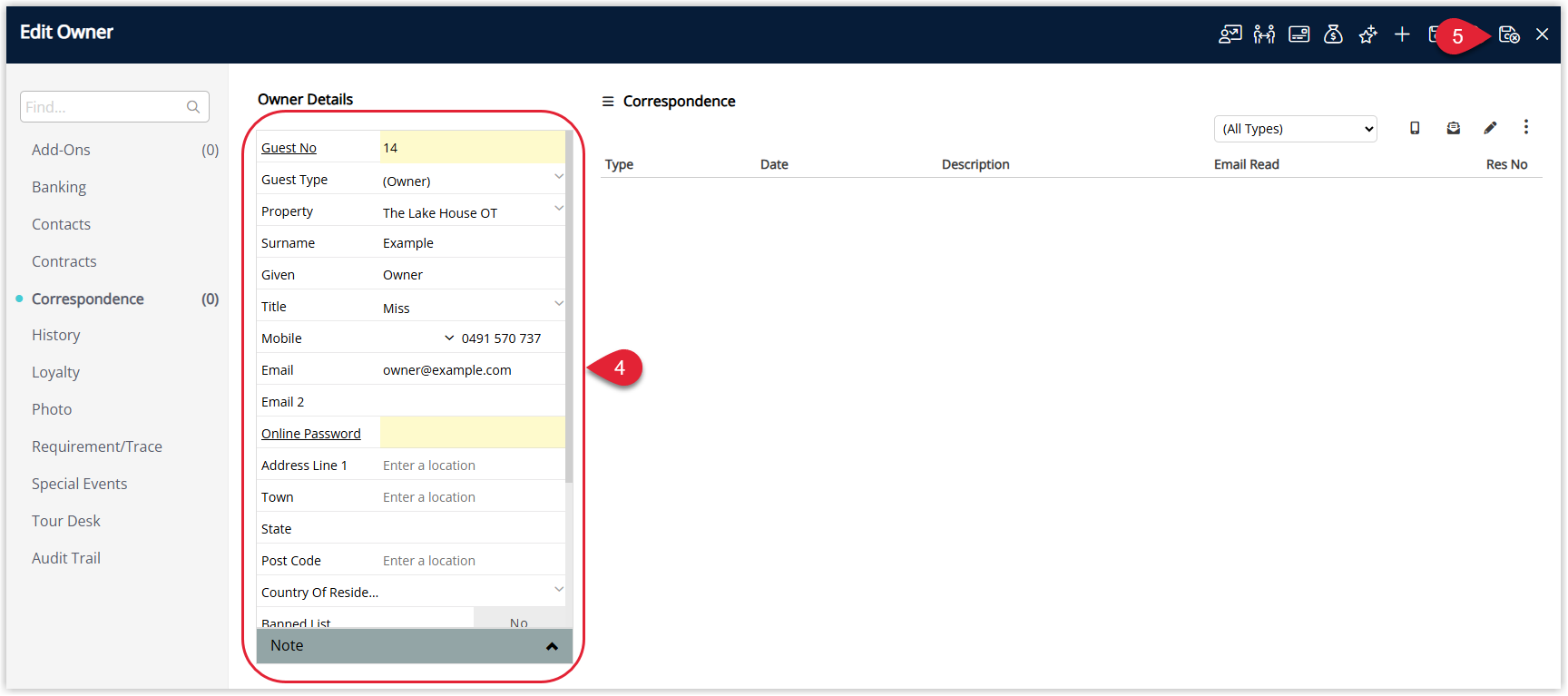 Annotated screenshot of the Edit Owner screen in RMS with the owner contact detail fields and the Save and Exit icon highlighted