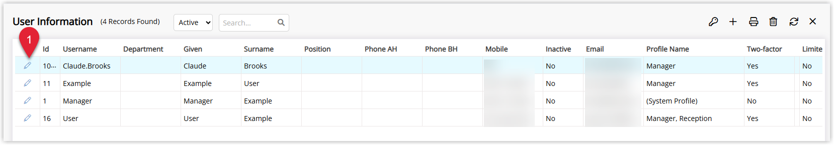 Annotated screenshot of the User Information list in RMS with the Edit icon for a user highlighted