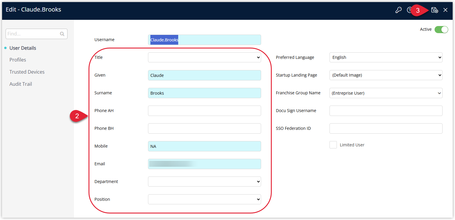 Annotated screenshot of the Edit User screen in RMS with the user contact detail fields and the Save and Exit icon highlighted