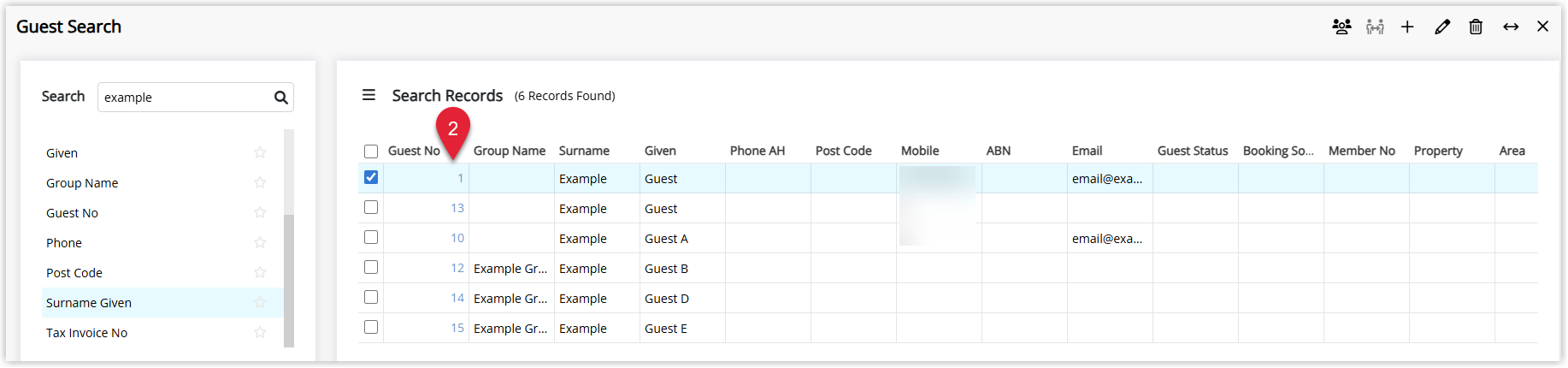 Annotated screenshot of the Guest Search results in RMS with a guest's Guest No link highlighted
