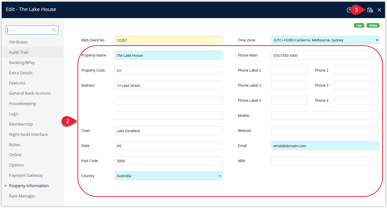 Annotated screenshot of the Property Information screen in RMS with the property contact detail fields and the Save and Exit icon highlighted