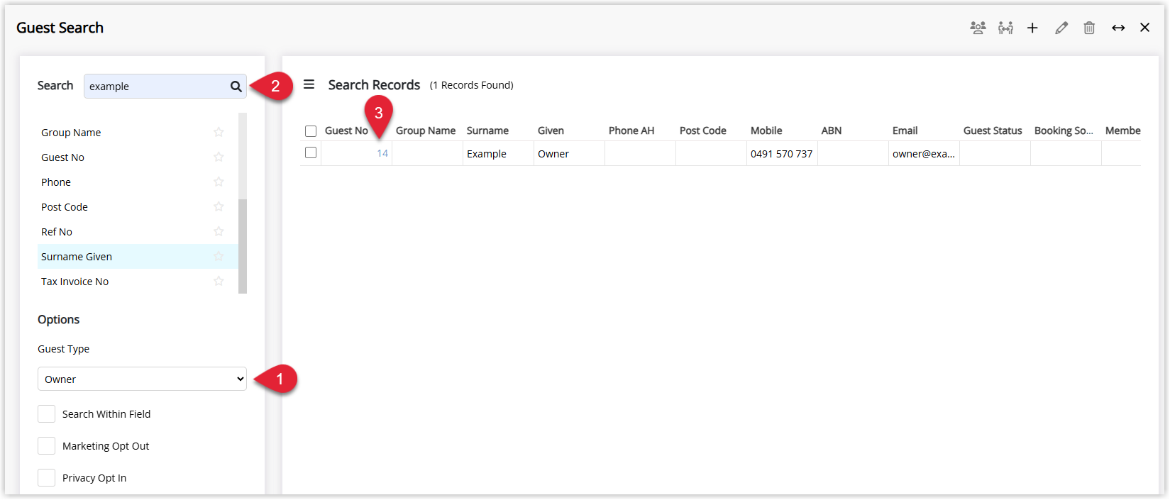 Annotated screenshot of the Guest Search screen in RMS with the Guest Type set to Owner and an owner's Guest No link highlighted