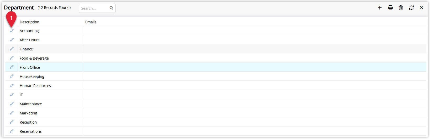 Annotated screenshot of the Department list in RMS with the Edit icon for a department highlighted