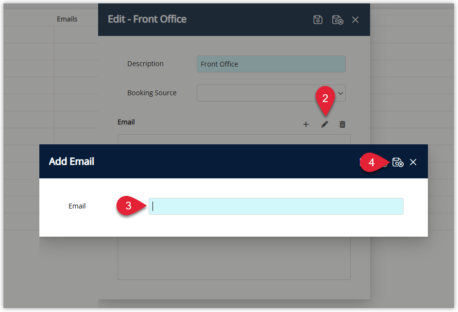 Annotated screenshot of the Edit Department dialog in RMS with the Add Email dialog and its Email field and Save and Exit icon highlighted