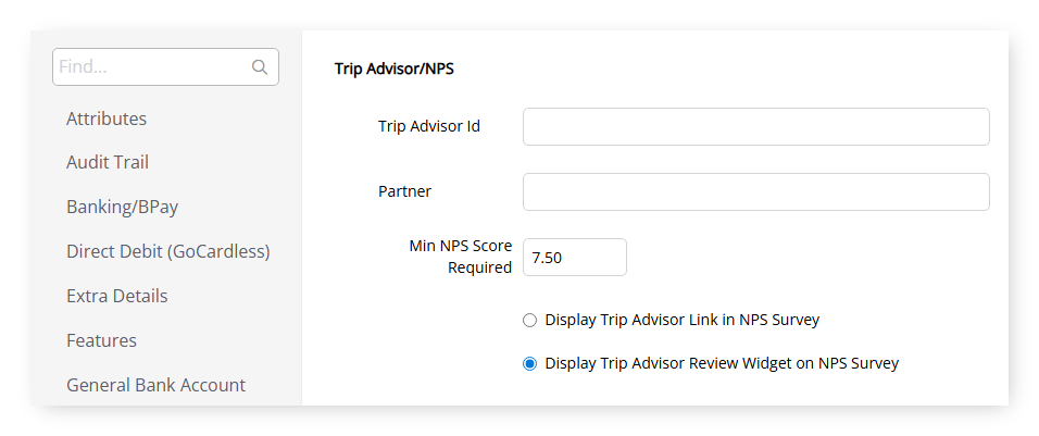 Screenshot of the Online section in Property Information in RMS showing the Trip Advisor/NPS heading with the Trip Advisor Id and Partner fields, the Min NPS Score Required field, and the two NPS survey checkboxes