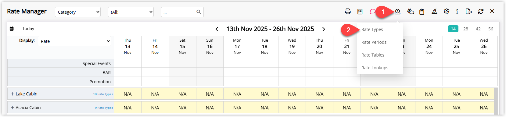 Annotated screenshot of the Rate Manager screen in RMS highlighting the Rates icon and Rate Types menu option